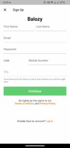 Log In on Balozy App 3